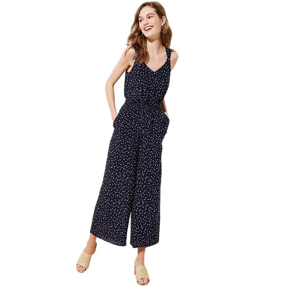 Loft Polka Dot Smocked Jumpsuit Navy Size 10 - Picture 1 of 10